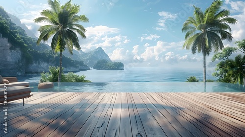 A wooden deck overlooking the sea, with an infinity pool and palm trees in front of it. creating a serene atmosphere. In the foreground is a lounge area with comfortable seating. © horizon