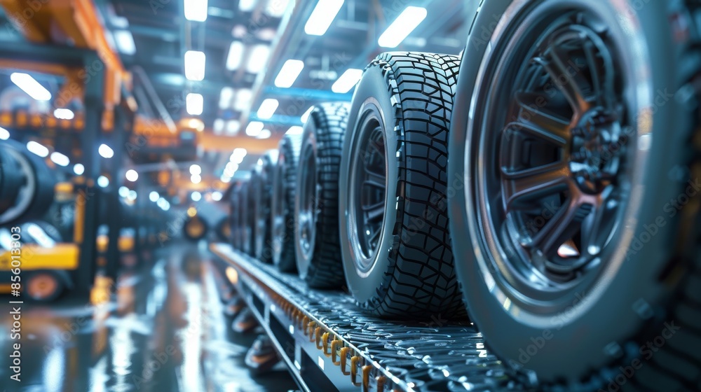 A conveyor belt in a factory is loaded with tires and wheels A conveyor belt in a factory is loaded with tires and wheels