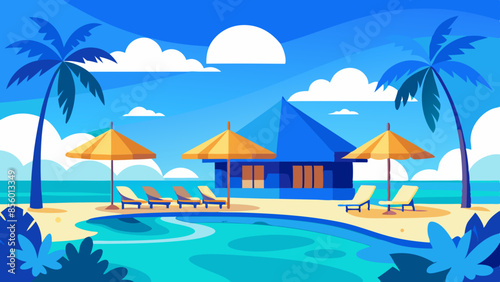 Stunning landscape with a swimming pool, blue sky, and tropical resort vibes in Maldives. Luxury travel vacation vector illustration

