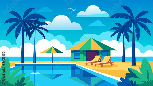 Stunning landscape with a swimming pool, blue sky, and tropical resort vibes in Maldives. Luxury travel vacation vector illustration
