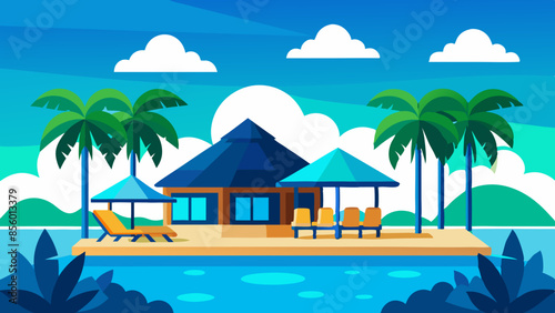 Stunning landscape with a swimming pool, blue sky, and tropical resort vibes in Maldives. Luxury travel vacation vector illustration
