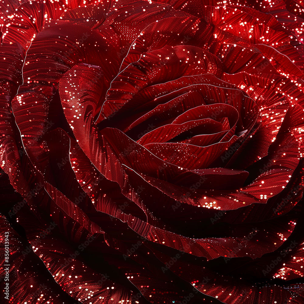 Naklejka premium Vibrant Macro Shot of an Glittery Red Rose in Full Bloom, Close-Up View of sparkly flower