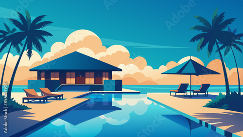 Stunning landscape with a swimming pool, blue sky, and tropical resort vibes in Maldives. Luxury travel vacation vector illustration