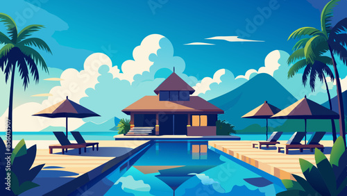 Stunning landscape with a swimming pool, blue sky, and tropical resort vibes in Maldives. Luxury travel vacation vector illustration