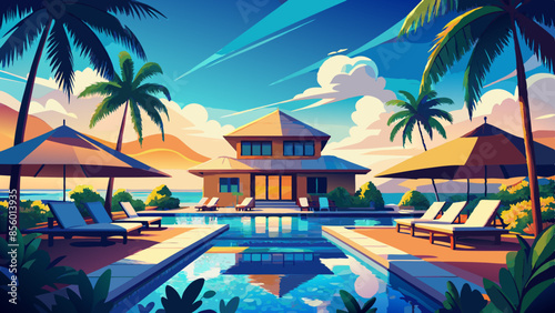Stunning landscape with a swimming pool, blue sky, and tropical resort vibes in Maldives. Luxury travel vacation vector illustration