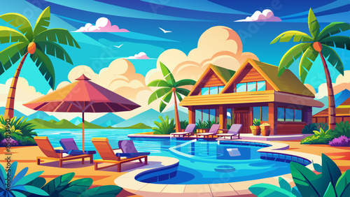 Stunning landscape with a swimming pool, blue sky, and tropical resort vibes in Maldives. Luxury travel vacation vector illustration