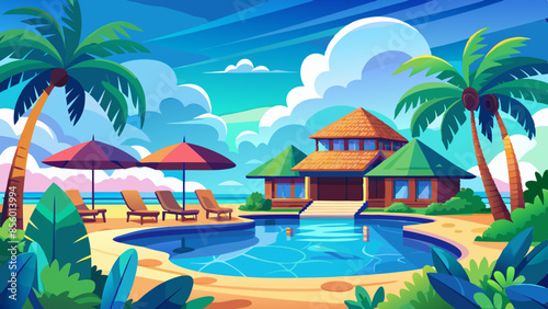 Stunning landscape with a swimming pool, blue sky, and tropical resort vibes in Maldives. Luxury travel vacation vector illustration