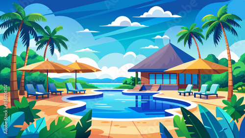 Stunning landscape with a swimming pool, blue sky, and tropical resort vibes in Maldives. Luxury travel vacation vector illustration