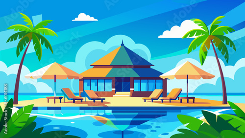 Stunning landscape with a swimming pool, blue sky, and tropical resort vibes in Maldives. Luxury travel vacation vector illustration