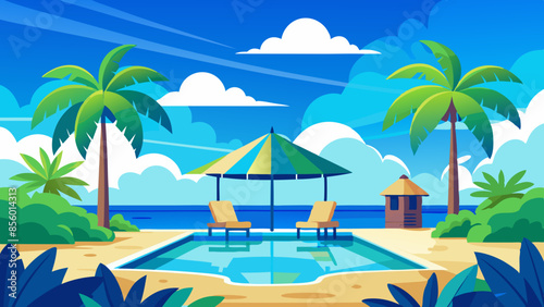Stunning landscape with a swimming pool, blue sky, and tropical resort vibes in Maldives. Luxury travel vacation vector illustration