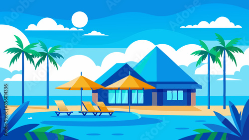 Stunning landscape with a swimming pool, blue sky, and tropical resort vibes in Maldives. Luxury travel vacation vector illustration