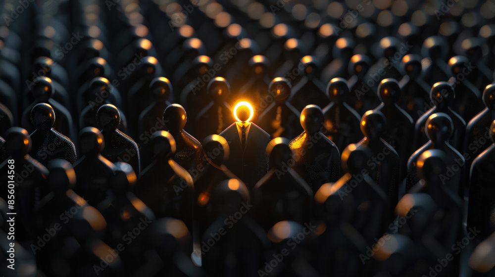Fototapeta premium personnage qui s'illumine et qui se démarque dans la foule des candidats sombre et identique
