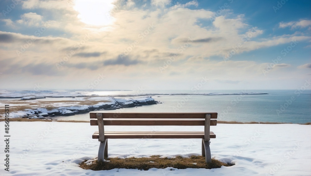 custom made wallpaper toronto digitalEmpty Bench on Snowy Land and Sea Horizon