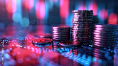 Coins stacked with a blurred graph or chart in the background, representing the economy, finance, and saving.