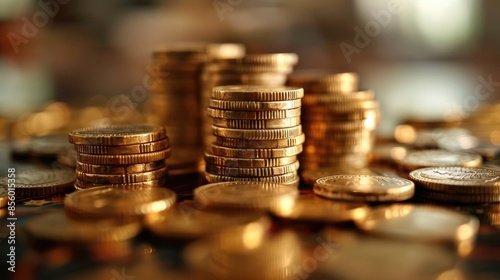 Stacks of coins, representing the economy, finance, and saving.