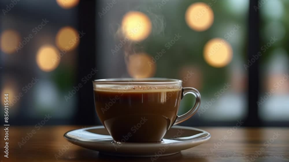 A cup of mocha coffee placed on a table with a bokeh background, there is thin smoke above the cup. A cup of mocha coffee placed on a table with a bokeh background, there is thin smoke above the cup.