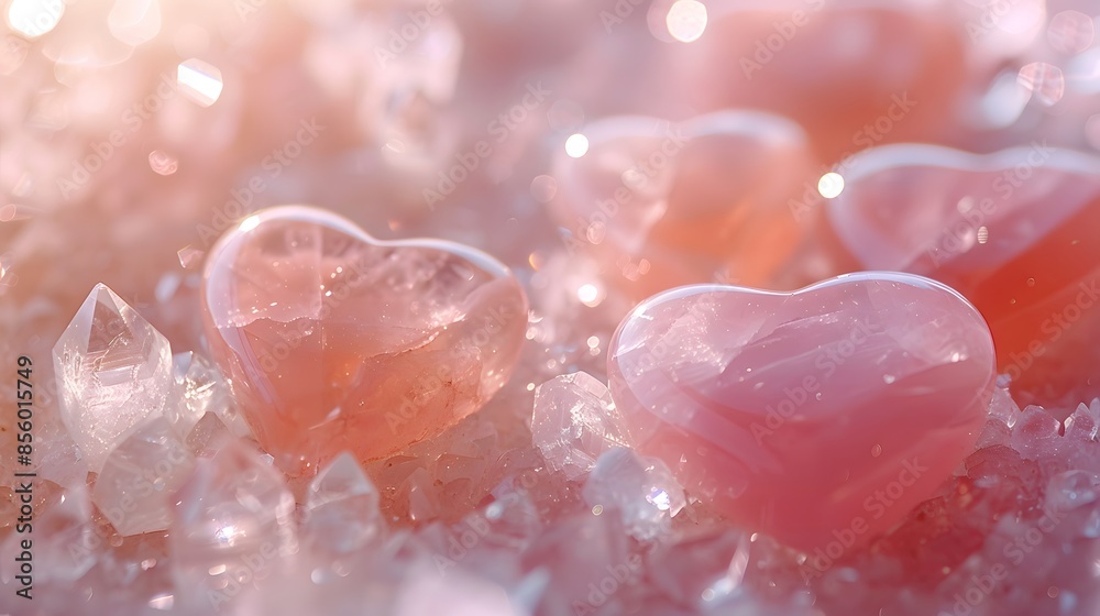 An image capturing the delicate beauty of rose quartz heart stones, bathed in a warm, diffused light. An image capturing the delicate beauty of rose quartz heart stones, bathed in a warm, diffused light.