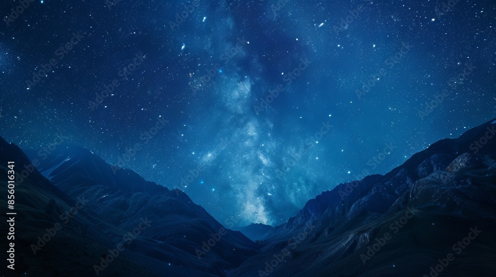 Fototapeta premium Nighttime galaxy scene with mountains and a deep blue starry sky, space filled with stars, creating a serene backdrop, raw style