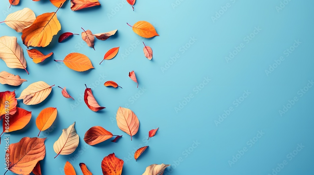 Autumn leaves falling on a blue background in a flat lay composition. An abstract fall concept with colorful autumn elements shown from a top view. Autumn leaves falling on a blue background in a flat lay composition. An abstract fall concept with colorful autumn elements shown from a top view.