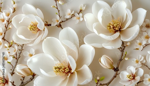 Big white flowers on a branch. 3D photo wallpapers. Background for the walls. The decoration for the wedding.