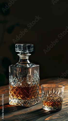 Crystal whiskey decanter and glass on wooden table with dark background