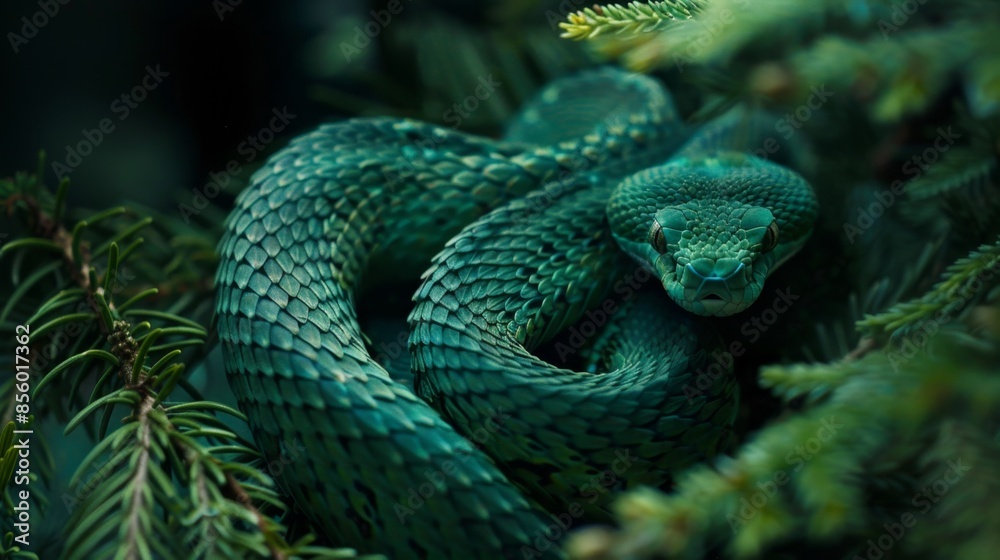 Fototapeta premium Emerald Green Snake Coiled on Pine Branch, Generative AI