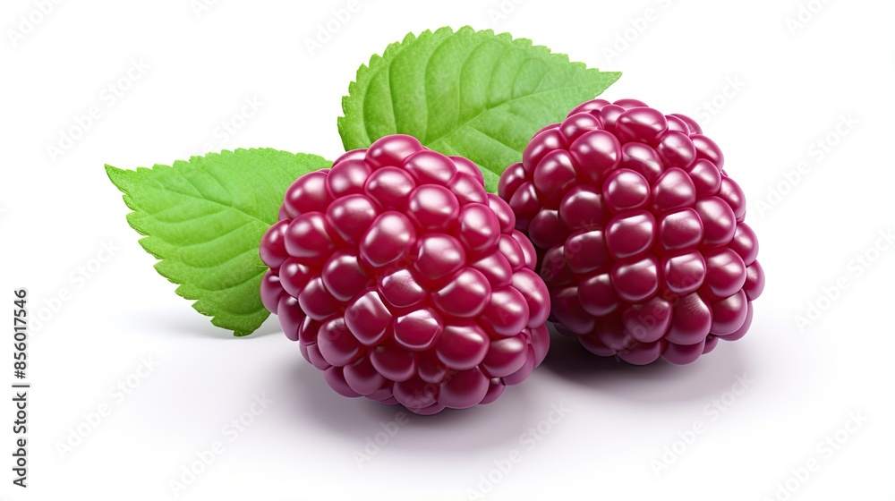 A photo of two ripe blackberries with green leaves on a white background. The blackberries are plump and juicy, and the leaves are fresh and green. A photo of two ripe blackberries with green leaves on a white background. The blackberries are plump and juicy, and the leaves are fresh and green.
