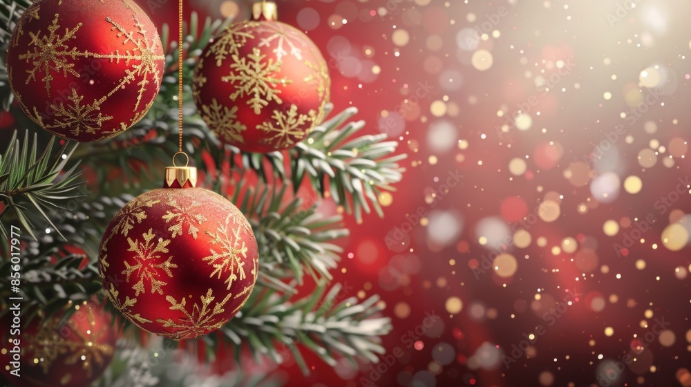 Christmas Tree Decorations with Red Baubles, Generative AI Christmas Tree Decorations with Red Baubles, Generative AI