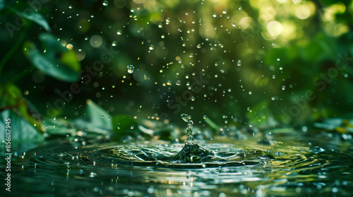 Raindrops falling on water surface, capturing the essence of rain and nature photo