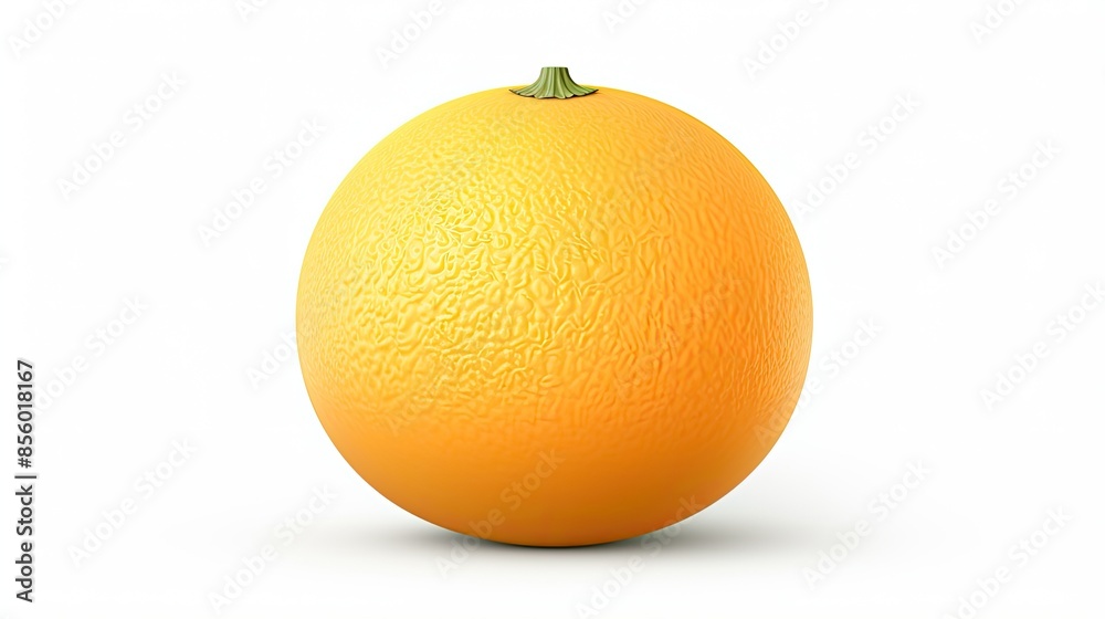 3D rendering of a realistic orange. The orange has a smooth, textured surface and a green stem. It is set against a white background.