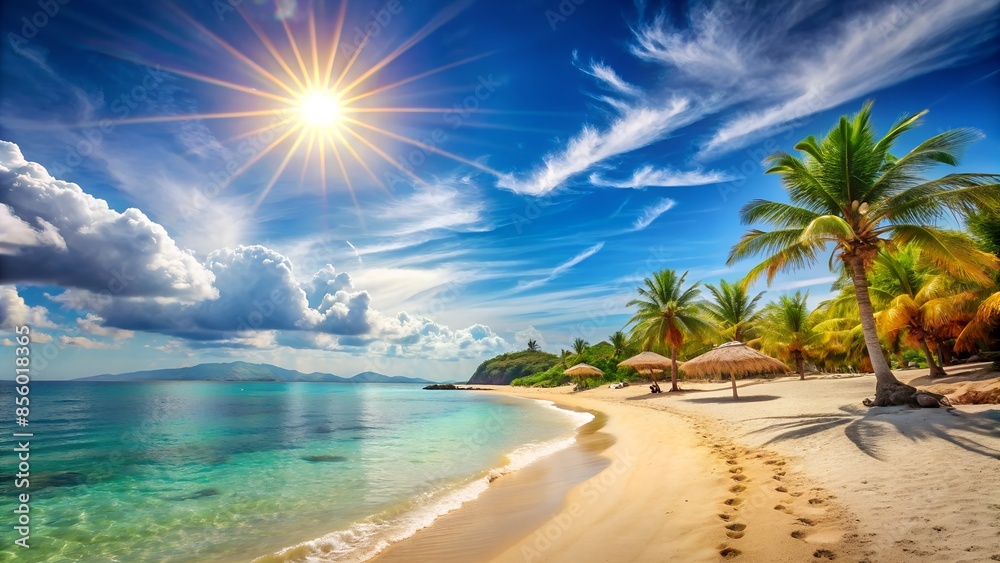 Obraz premium Blue beach sands and the tranquil Pacific Ocean under a blue sky and sun's warmth, a flag of summer holiday mood, peaceful and serene background, holidays in paradise.