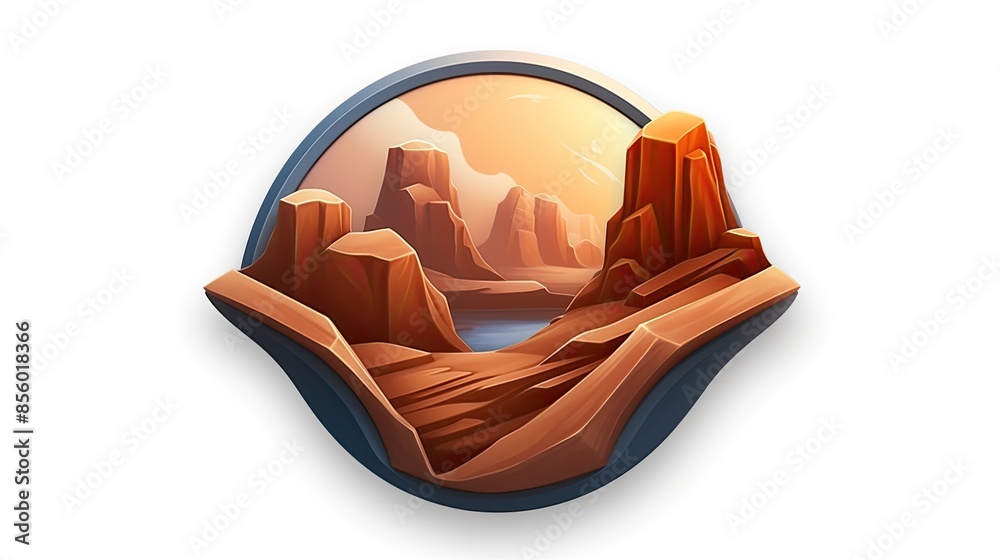 Obraz premium An illustration of a canyon landscape with red rocks and a river running through it.