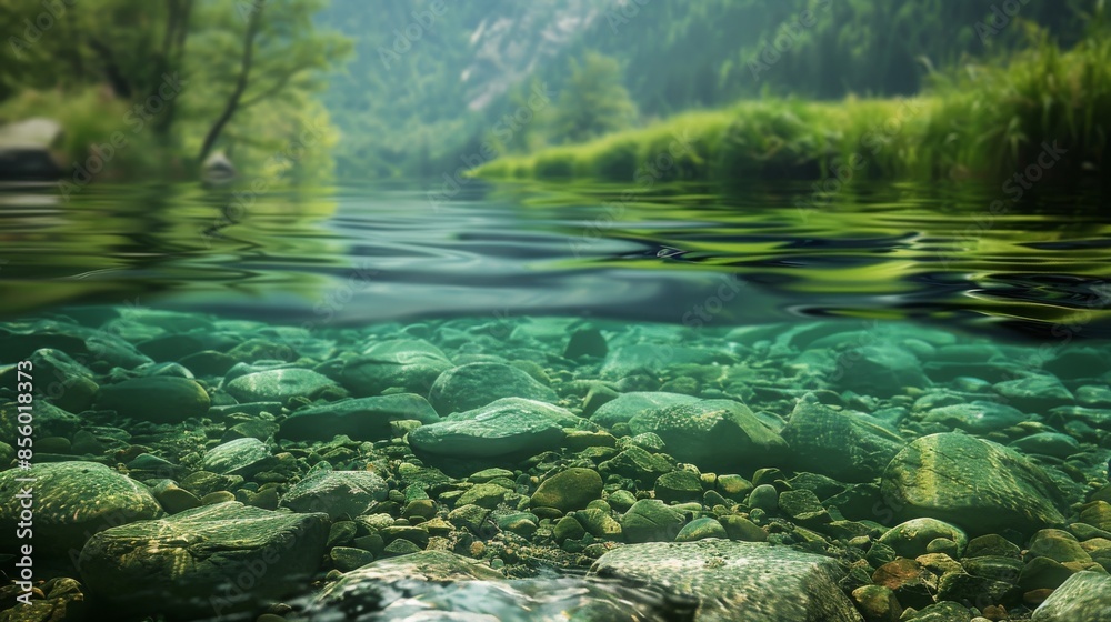 Clear river with underwater rocks in a forest, nature relaxation concept Clear river with underwater rocks in a forest, nature relaxation concept