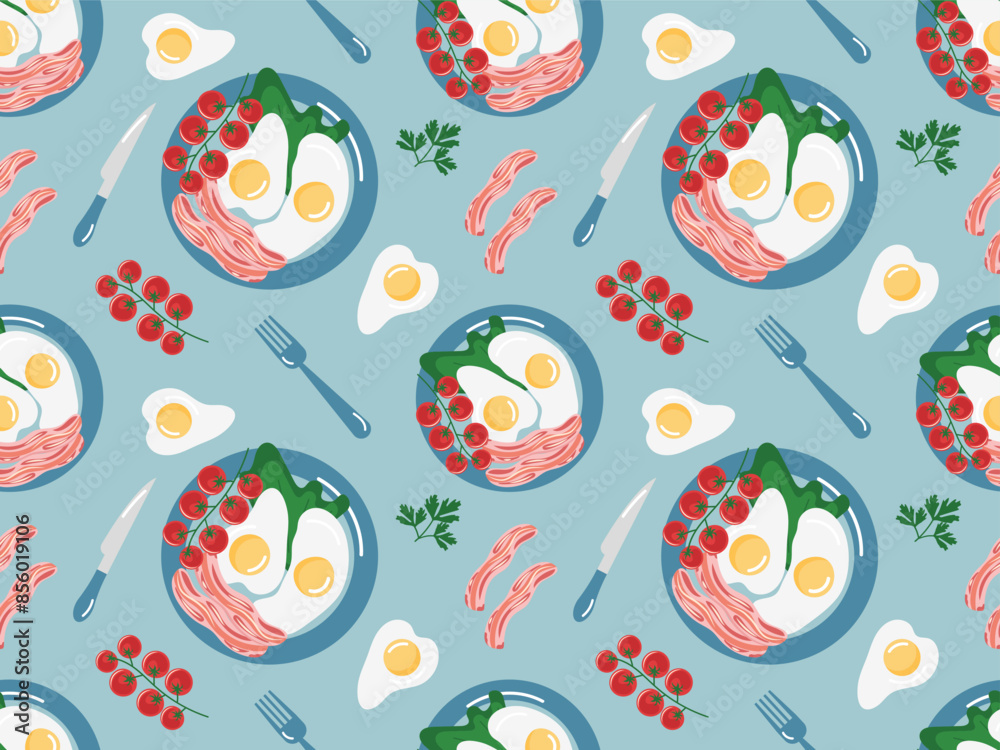 Seamless pattern with fried eggs, English breakfast with scrambled eggs and bacon Seamless pattern with fried eggs, English breakfast with scrambled eggs and bacon