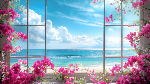 View from the bedroom window to the paradisiacal beach, pink flowers around the window, Summer in Europe, Menorca, Ibiza, Mallorca, Algarve, Sardinia, Mykonos, Corfu, Greece