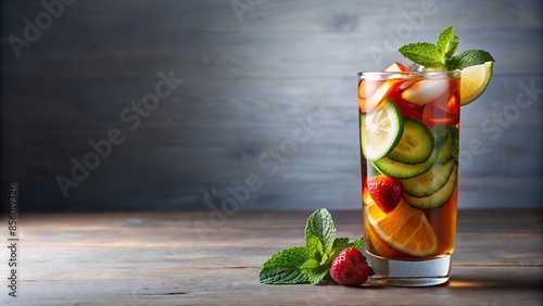 Pimms Cup cocktail isolated on background, Pimms, cup, cocktail, refreshing, summer, drink, traditional, British, fruit photo