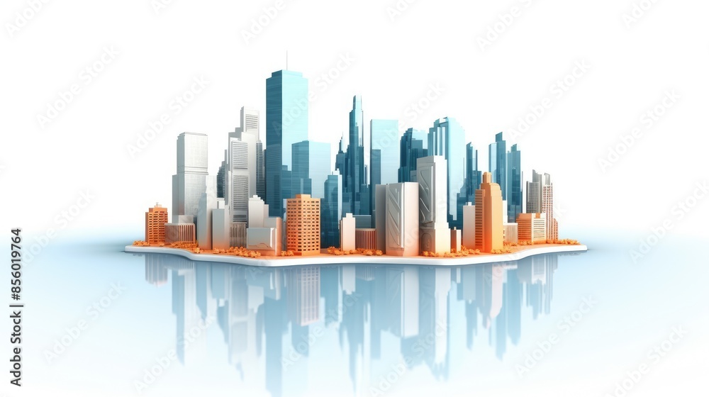 Obraz premium A 3D rendering of a city. The city is made up of tall buildings, and it is surrounded by water. The water is reflecting the buildings.