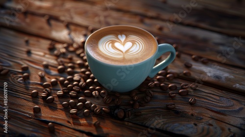 Cup of latte with heart-shaped foam art on wooden table surrounded by coffee beans, morning coffee concept