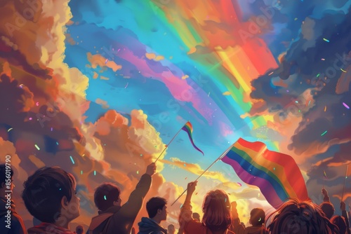 A group of people holding rainbow flags, looking at the sky with a huge colorful rainbow in it.