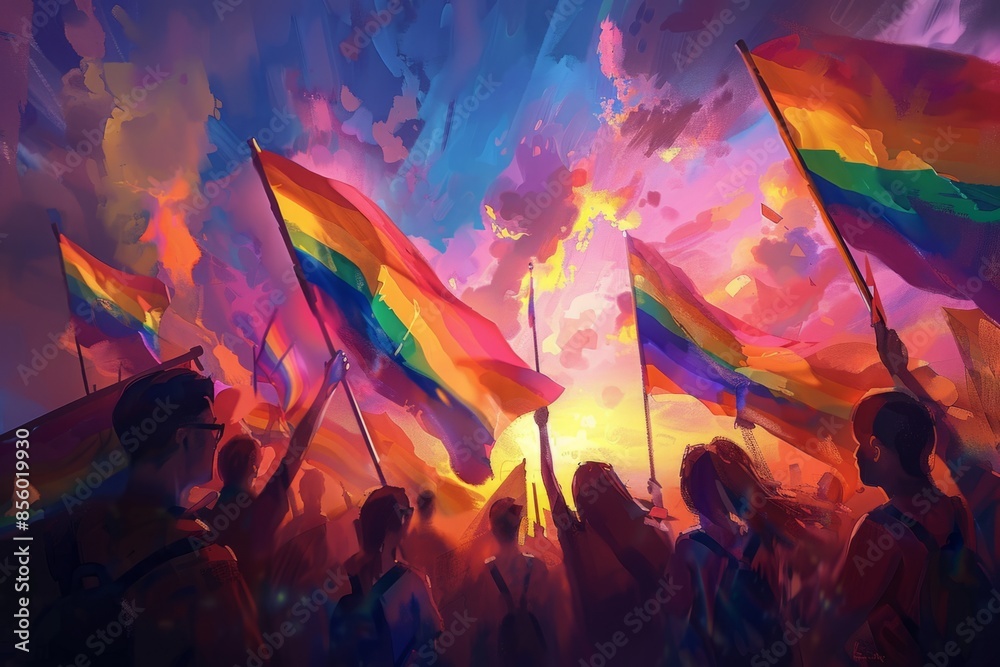 A group of people holding rainbow flags, looking at the sky with a huge colorful rainbow in it.