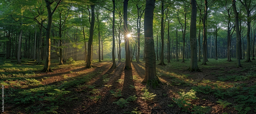 Naklejka premium Sunbeams Through the Trees in a Dense Forest