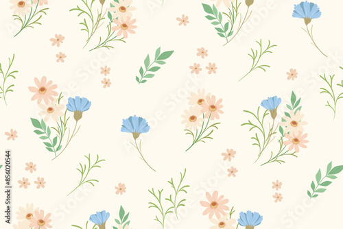 Seamless floral pattern, delicate ditsy print, abstract ornament of cute wild plants. Romantic botanical design: small hand drawn flowers, leaves, simple bouquets in pastel colors. Vector illustration