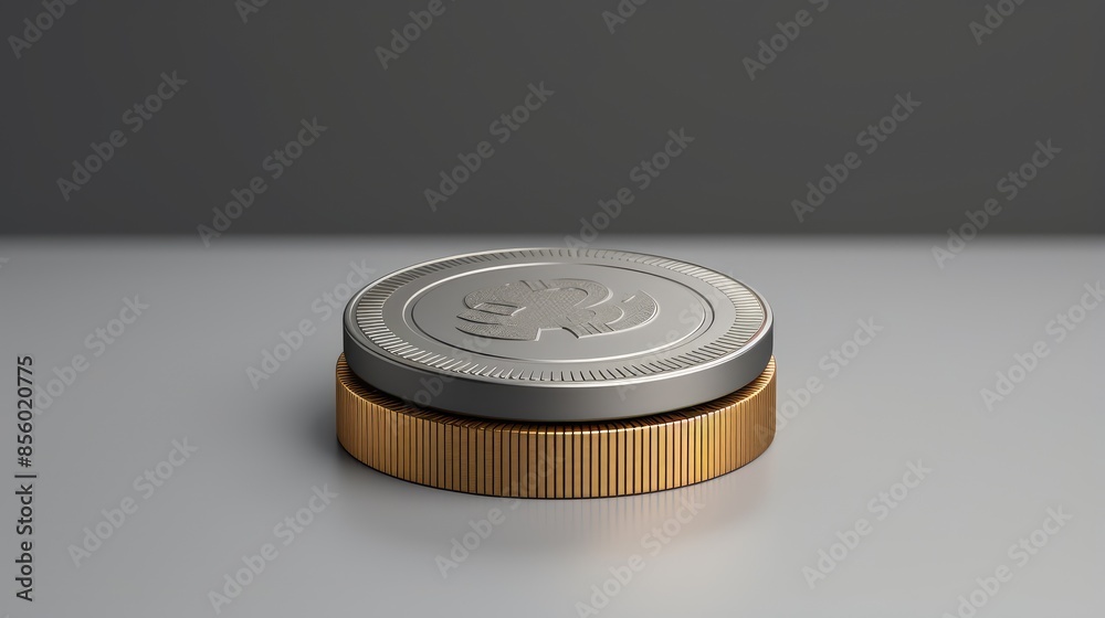3d rendering of a silver and gold coin with a clover on top of it. The coin is sitting on a reflective surface. 3d rendering of a silver and gold coin with a clover on top of it. The coin is sitting on a reflective surface.