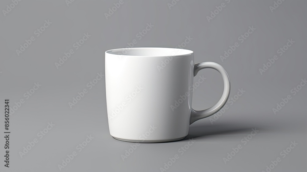 A simple and elegant white coffee mug sits on a solid gray background. The mug is slightly angled to the right, and the handle is facing the left. A simple and elegant white coffee mug sits on a solid gray background. The mug is slightly angled to the right, and the handle is facing the left.