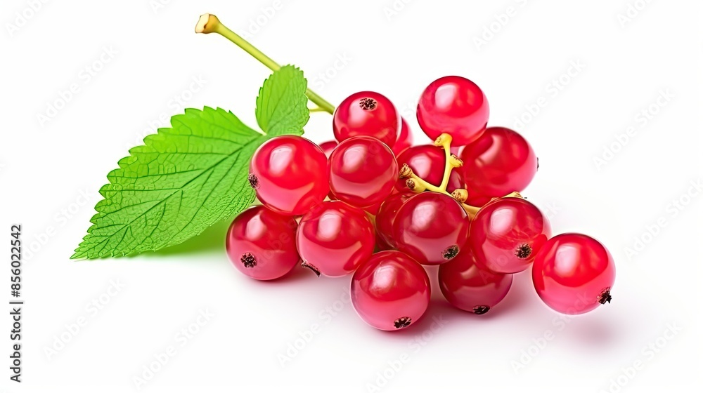 A close-up image of a bunch of red currants with green leaves on a white background. A close-up image of a bunch of red currants with green leaves on a white background.