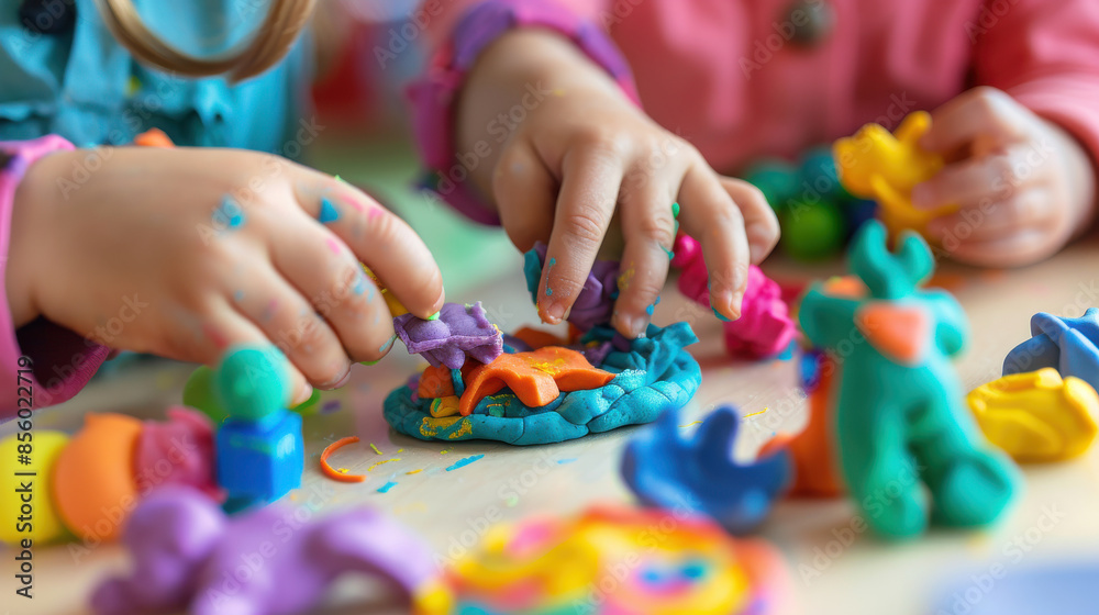 Children's hands playing with colorful playdough, creating various shapes and figures during a fun, creative activity session. Children's hands playing with colorful playdough, creating various shapes and figures during a fun, creative activity session.