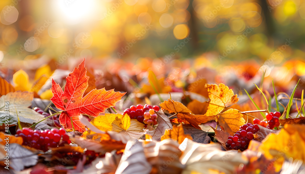 Autumn rowan leaves on beautiful nature bokeh background, sunlight day Autumn rowan leaves on beautiful nature bokeh background, sunlight day