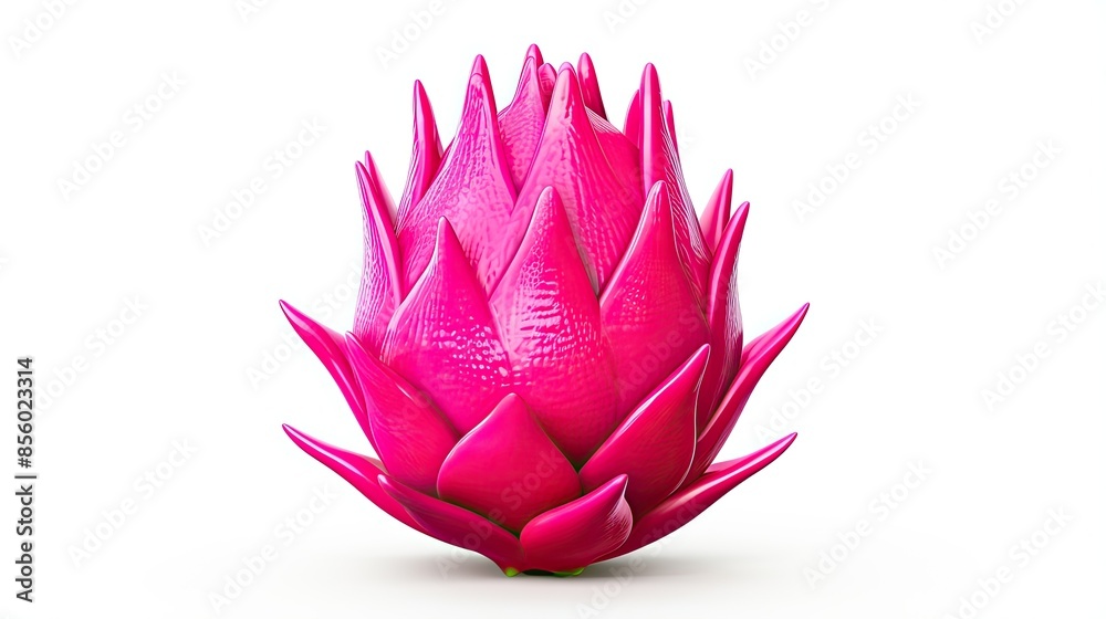 3D rendering of a pink dragon fruit isolated on white background. The exotic fruit is shaped like a flower with bright pink petals and a green stem. 3D rendering of a pink dragon fruit isolated on white background. The exotic fruit is shaped like a flower with bright pink petals and a green stem.