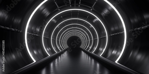 Empty black tunnel 3d light room background. Abstract space tunnel interior. Modern perspective hall stage design. Futuristic neon road