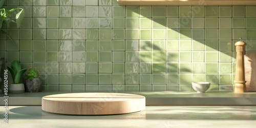 Fototapeta Naklejka Na Ścianę i Meble -  Kitchen table podium background. Green kitchen with wooden stand for food product display. Empty wall, modern desk with wood board 3d abstract template